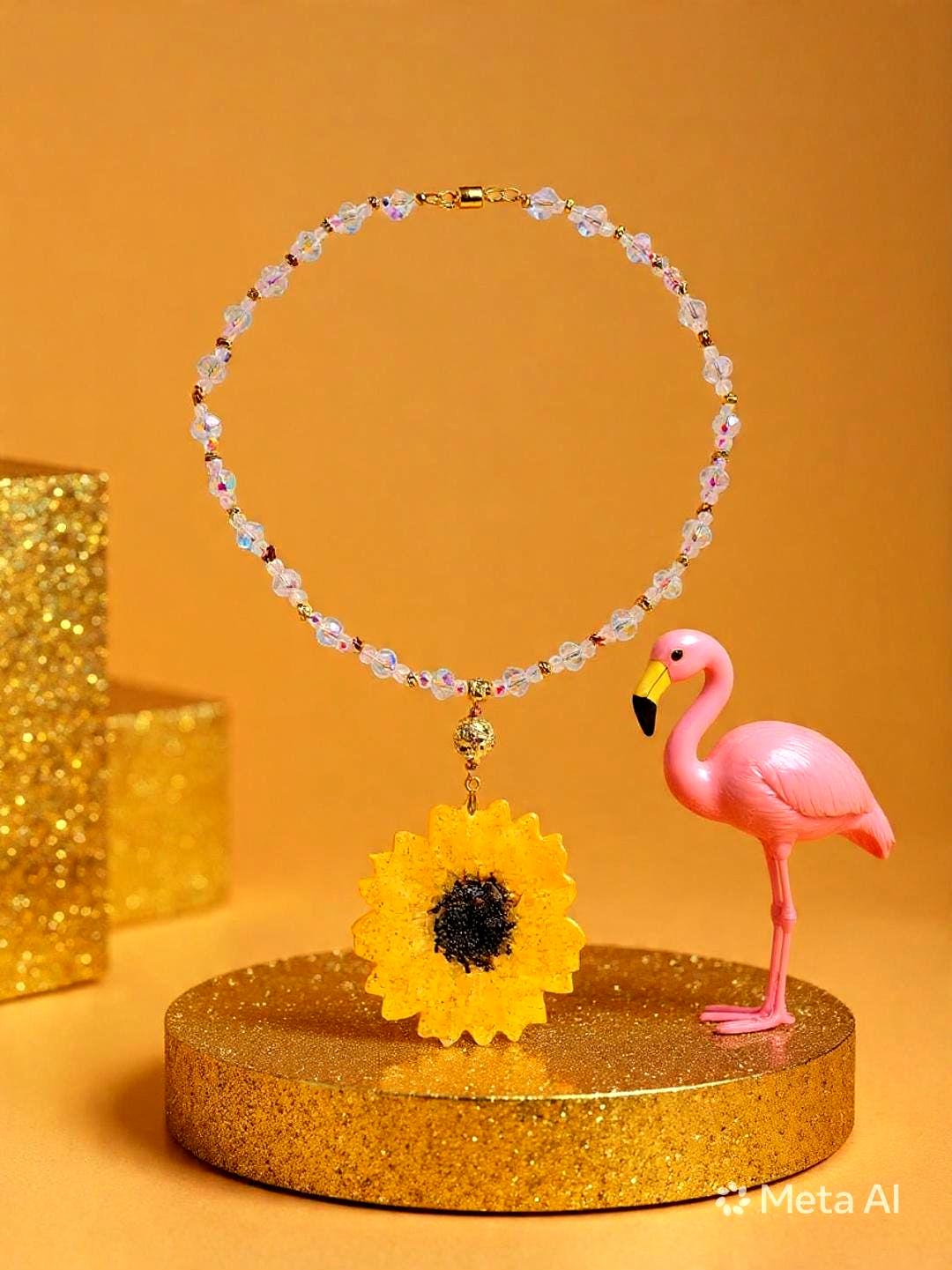 Collier tournesol doré " soleil d'été " avec perles de cristal, Fait main , le Bijou Soleil des Femmes lumineuses