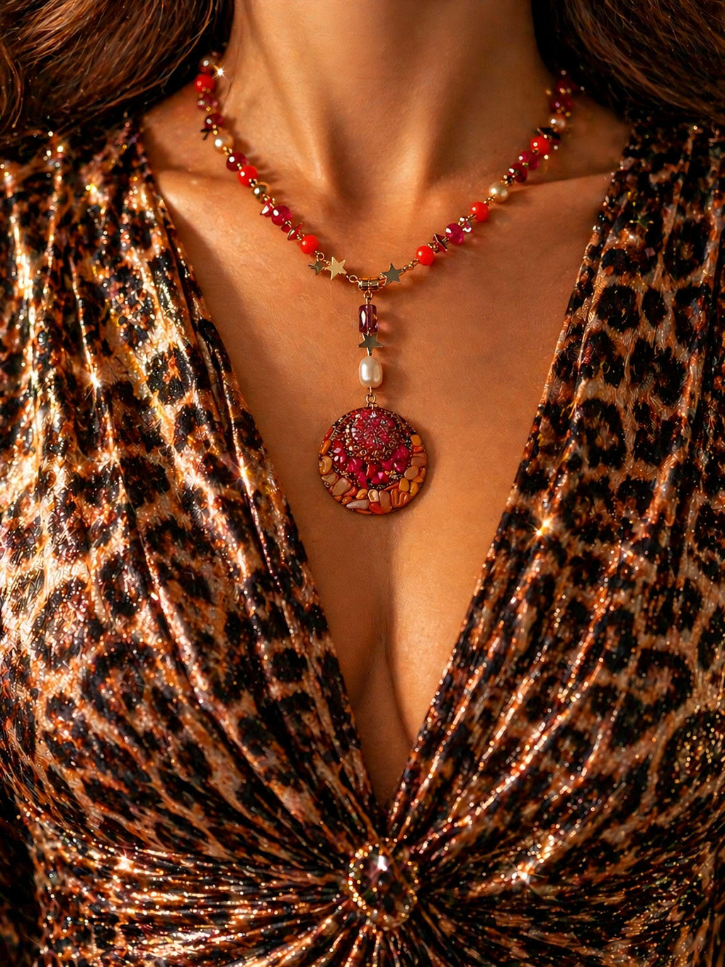 Collier safari en Afrique , pendentif résiné à la main , chaîne en cristal coloré , perles d’eau douce naturelle et hématite