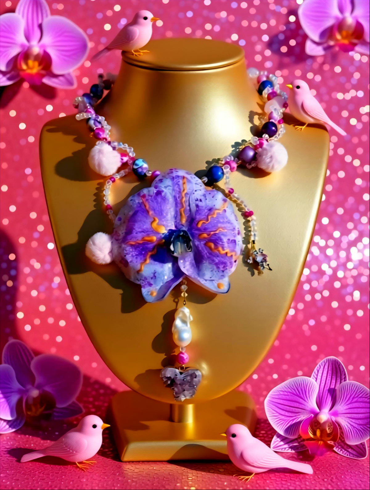 Collier Orchidée des anges en perles d’eau douce , améthyste & jaspe , serti d'un cœur en améthyste , bijou fleur exotique résiné à la main