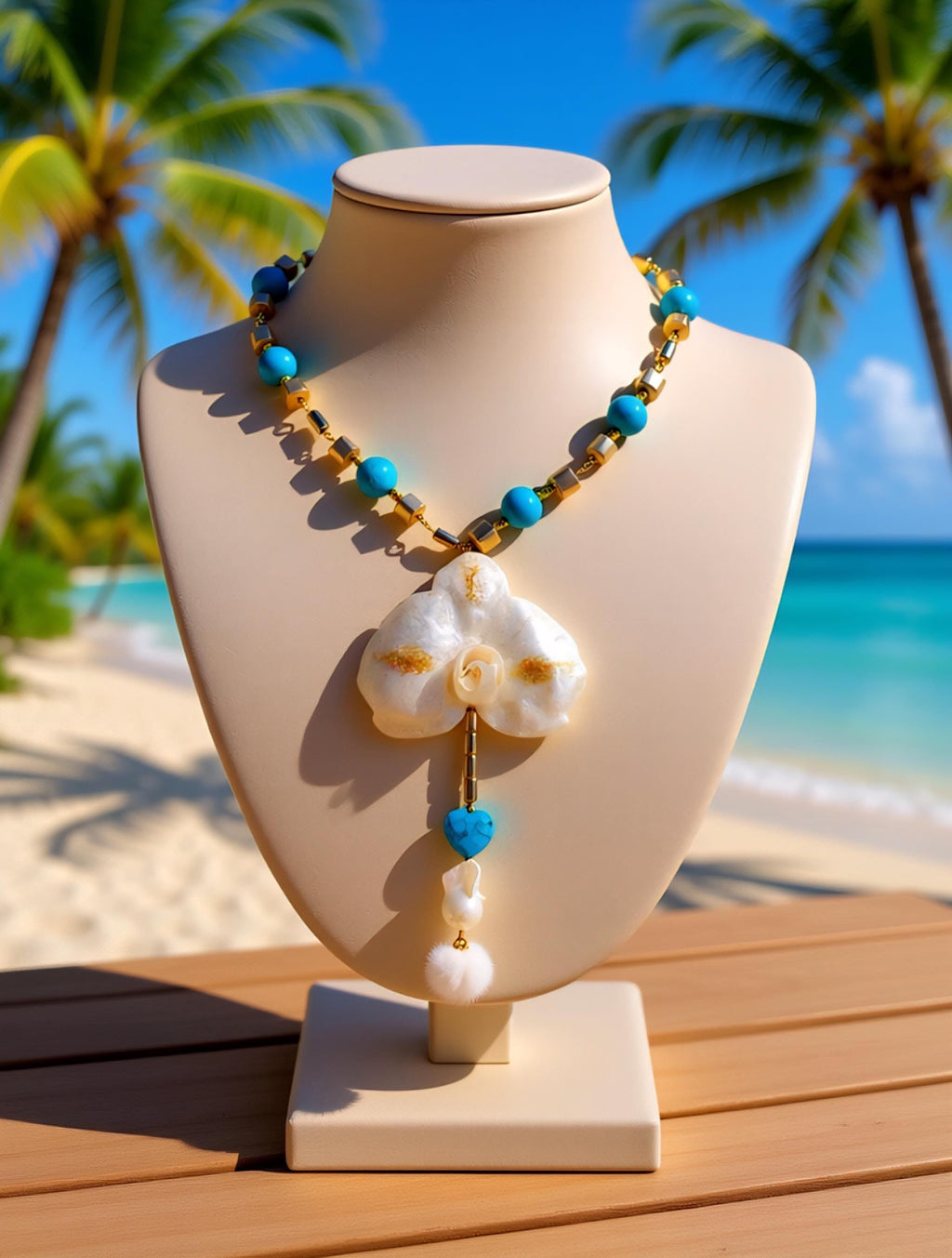 Collier orchidée des tropiques en perles d’eau douce naturelle , turquoise et hématite – bijou exotique fait main – Cadeau femme unique