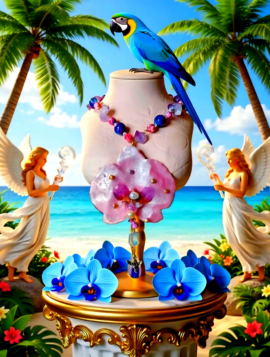 Collier orchidée rêves des anges en améthyste naturelle, perles d’eau douce & jaspe – Bijou trésors des anges fleur éternelle