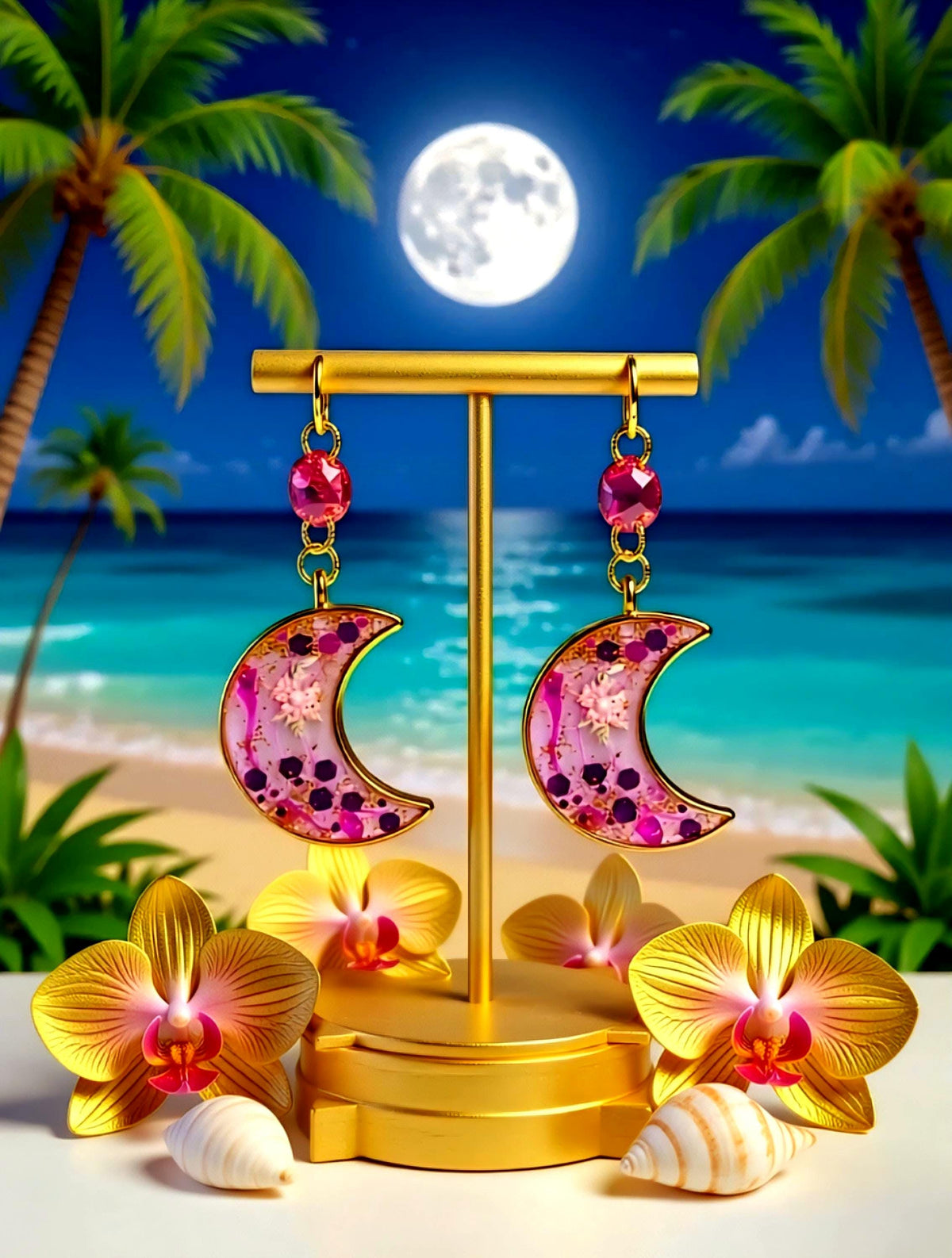 Boucles d'oreilles " claire de lune " enchanté , résiné à la main, serti de perles de verre rose, bijou féerique artisanal