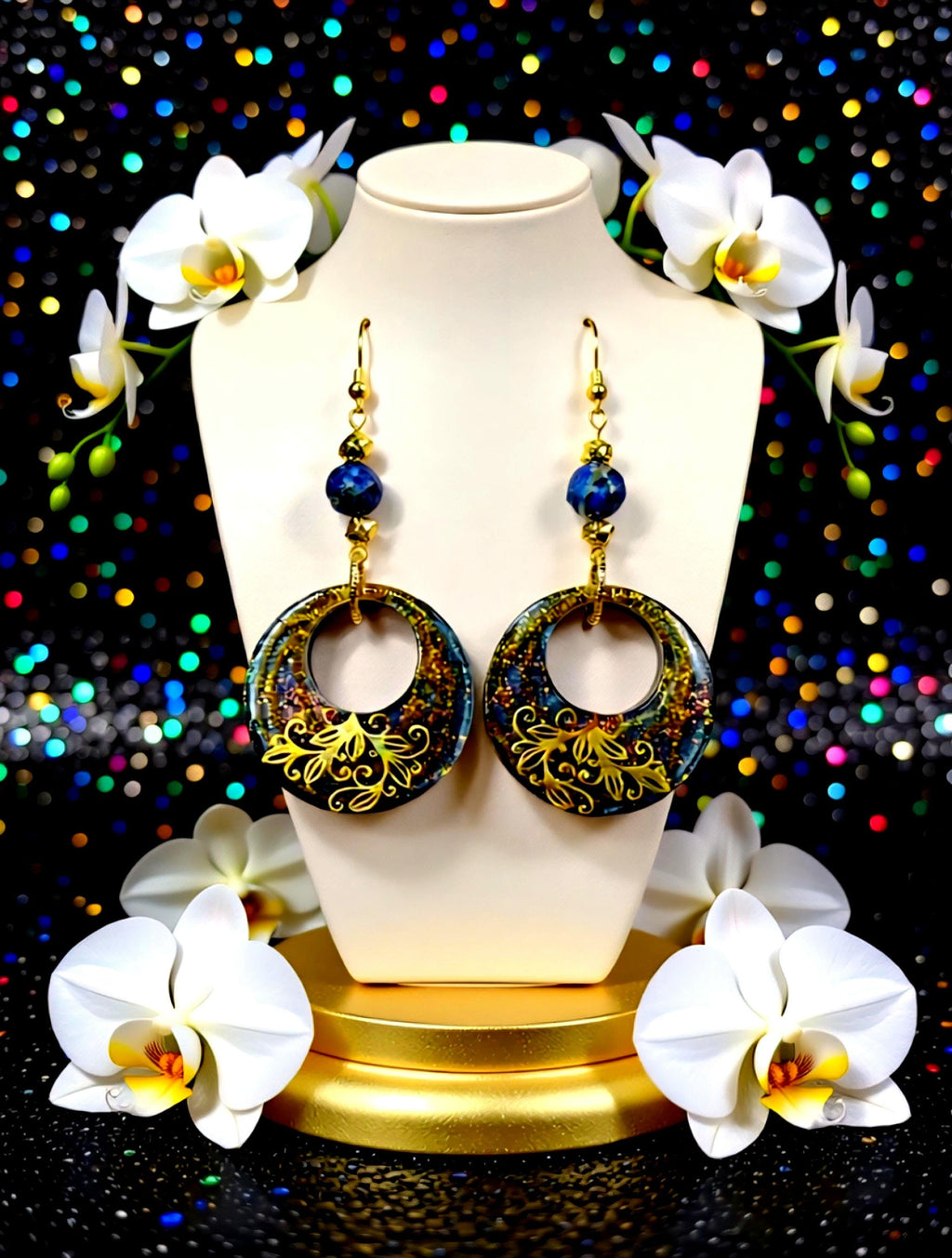 Boucles d'oreilles " jasmine des îles marquises "  en lapis-lazuli & hématite , résiné à la main, bijou artisanal