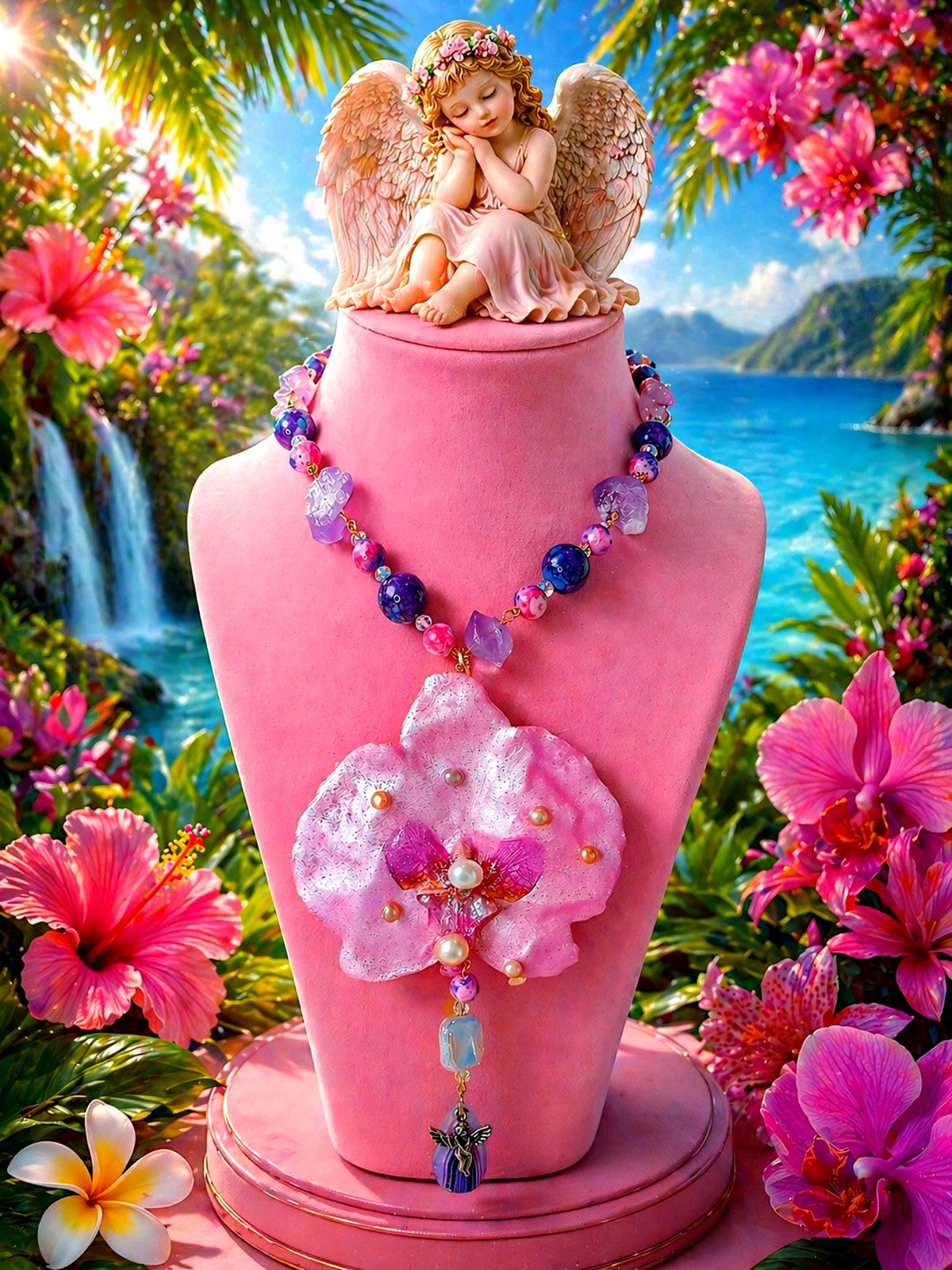 Collier orchidée rêves des anges en améthyste naturelle, perles d’eau douce & jaspe – Bijou trésors des anges fleur éternelle