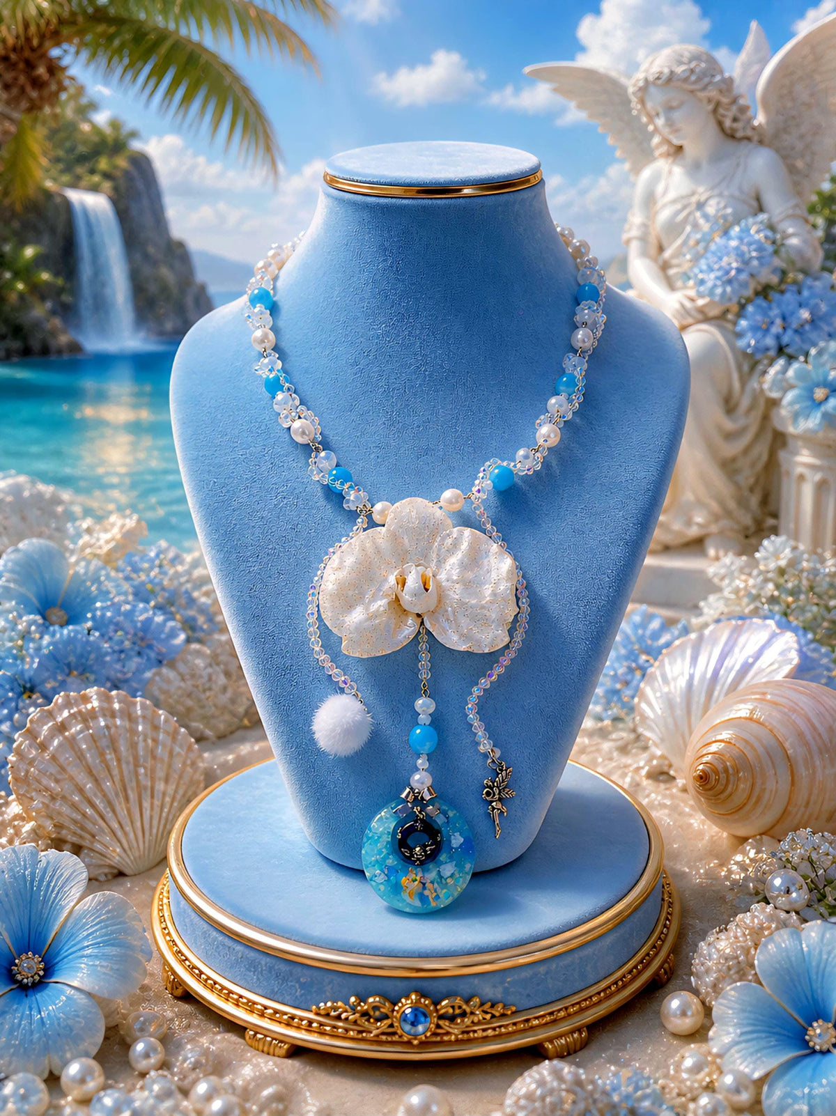 Collier Orchidée des anges résinée - Perles d’Eau Douce, Angelite , cristal- bijou féerique- fait main