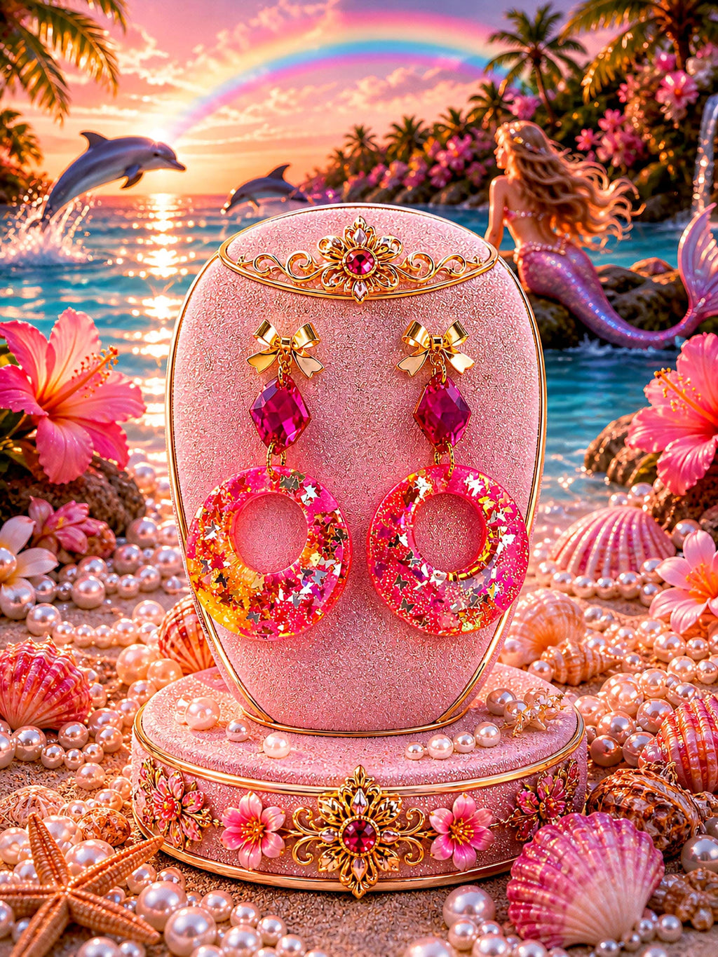 Boucles d’oreilles " trésors des lagons " bijoux sirène , résiné à la main , créoles femme élégantes