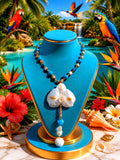 Collier orchidée des tropiques en perles d’eau douce naturelle , turquoise et hématite – bijou exotique fait main – Cadeau femme unique