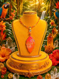 Collier " coco brazil "  perroquet des îles tropicales, résiné à la main , serti de cristaux multicolores , Bijou artisanal