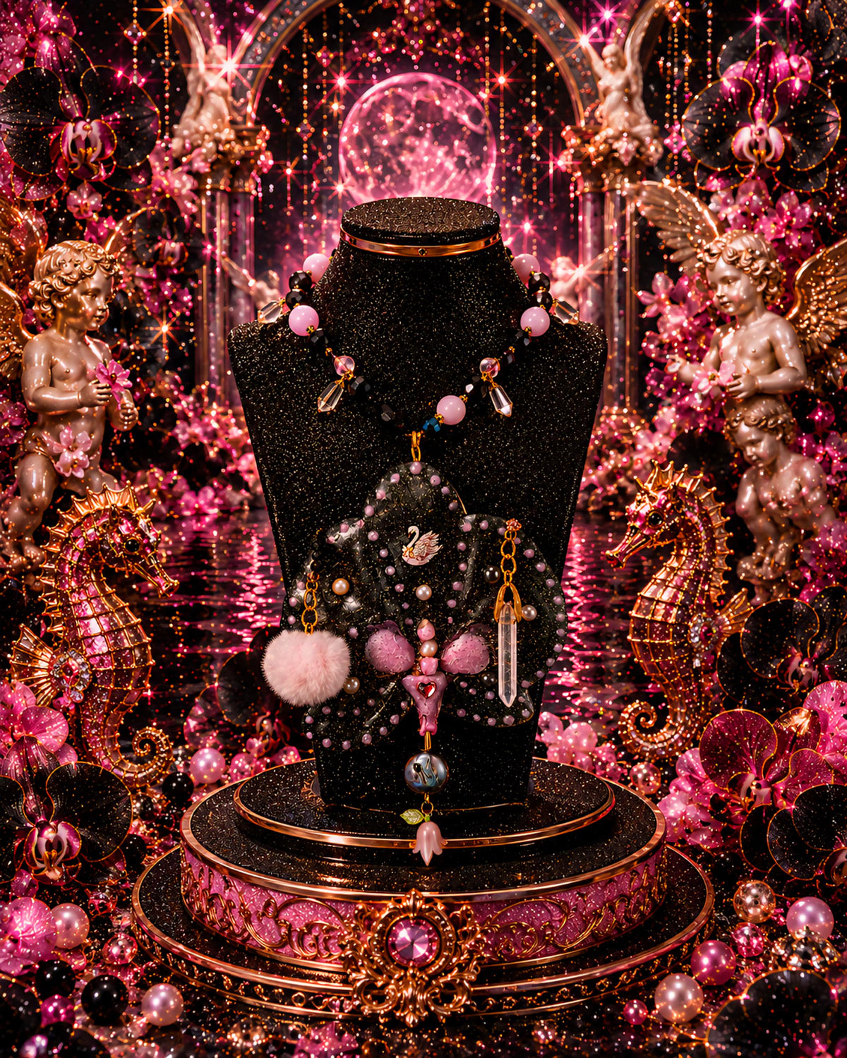Collier Fleur éternelle Orchidée Véritable |Perles d'eau douce | Bijou Botanique Fleurs Séchées Fait Main | cristal noir