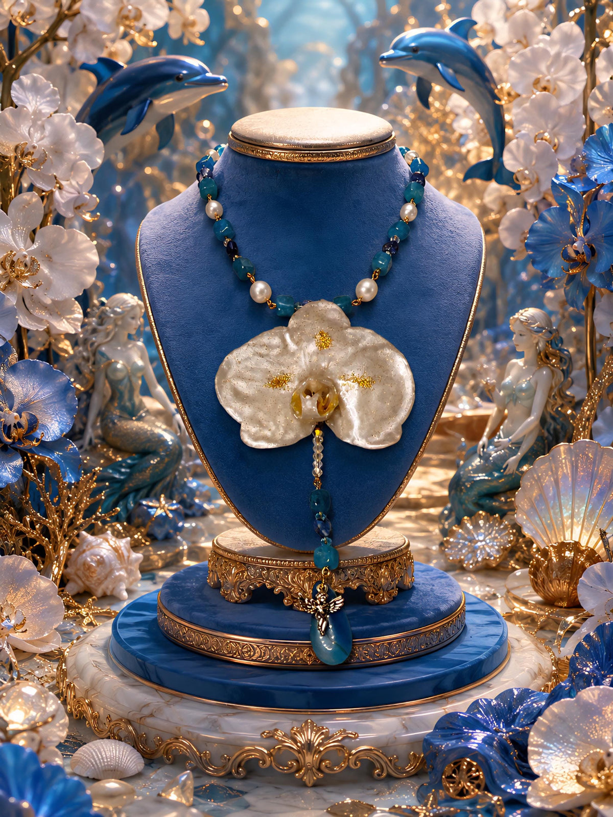 Collier Orchidée des anges en perles d’eau douce naturelle, amazonite & lapis-lazuli ,  bijou fleur naturelle résiné, fait main