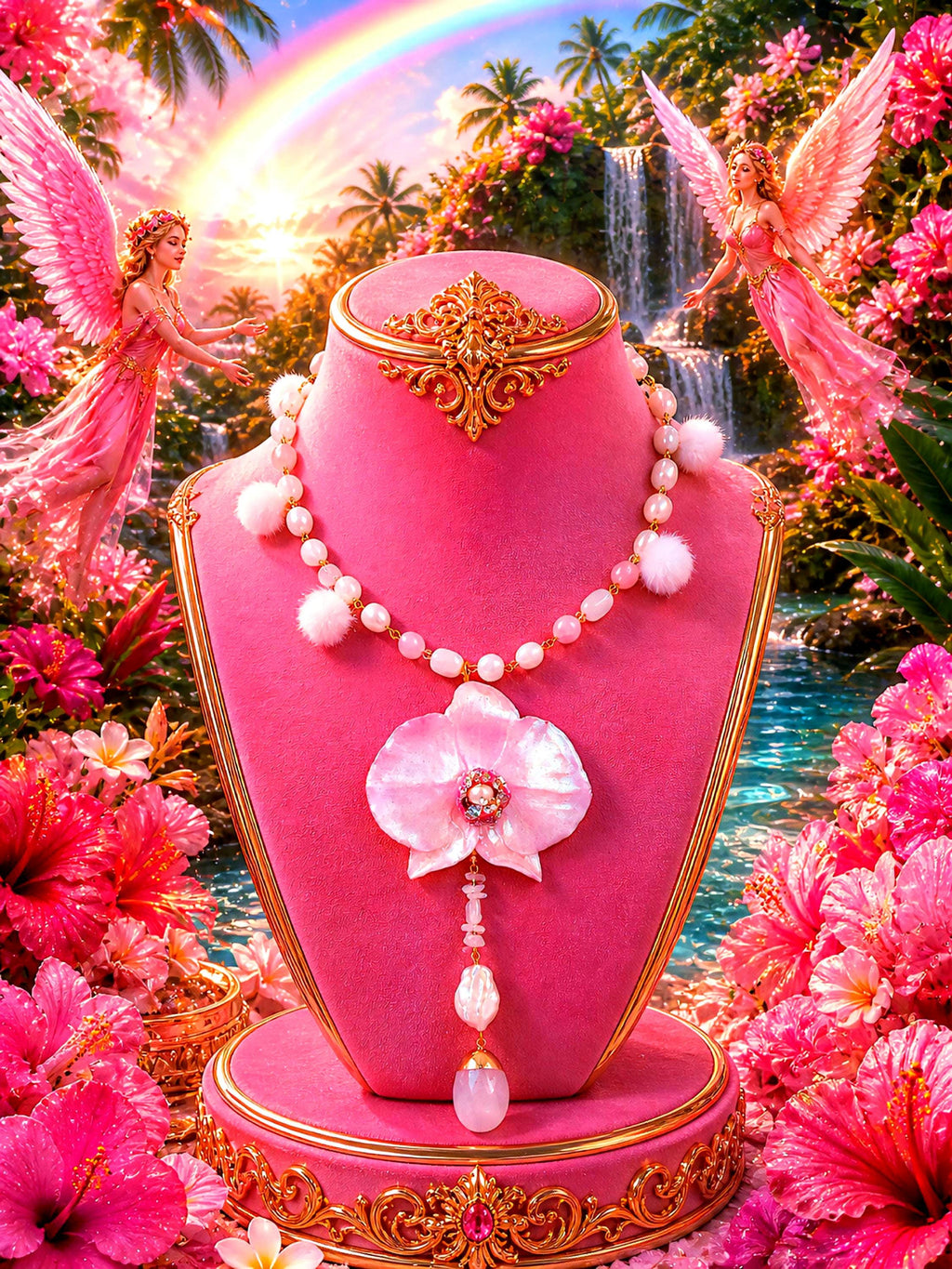 Collier orchidée des anges , fleur exotique résiné à la main, chaîne quartz rose & perles d’eau douce , bijou romantique,  Fait Main