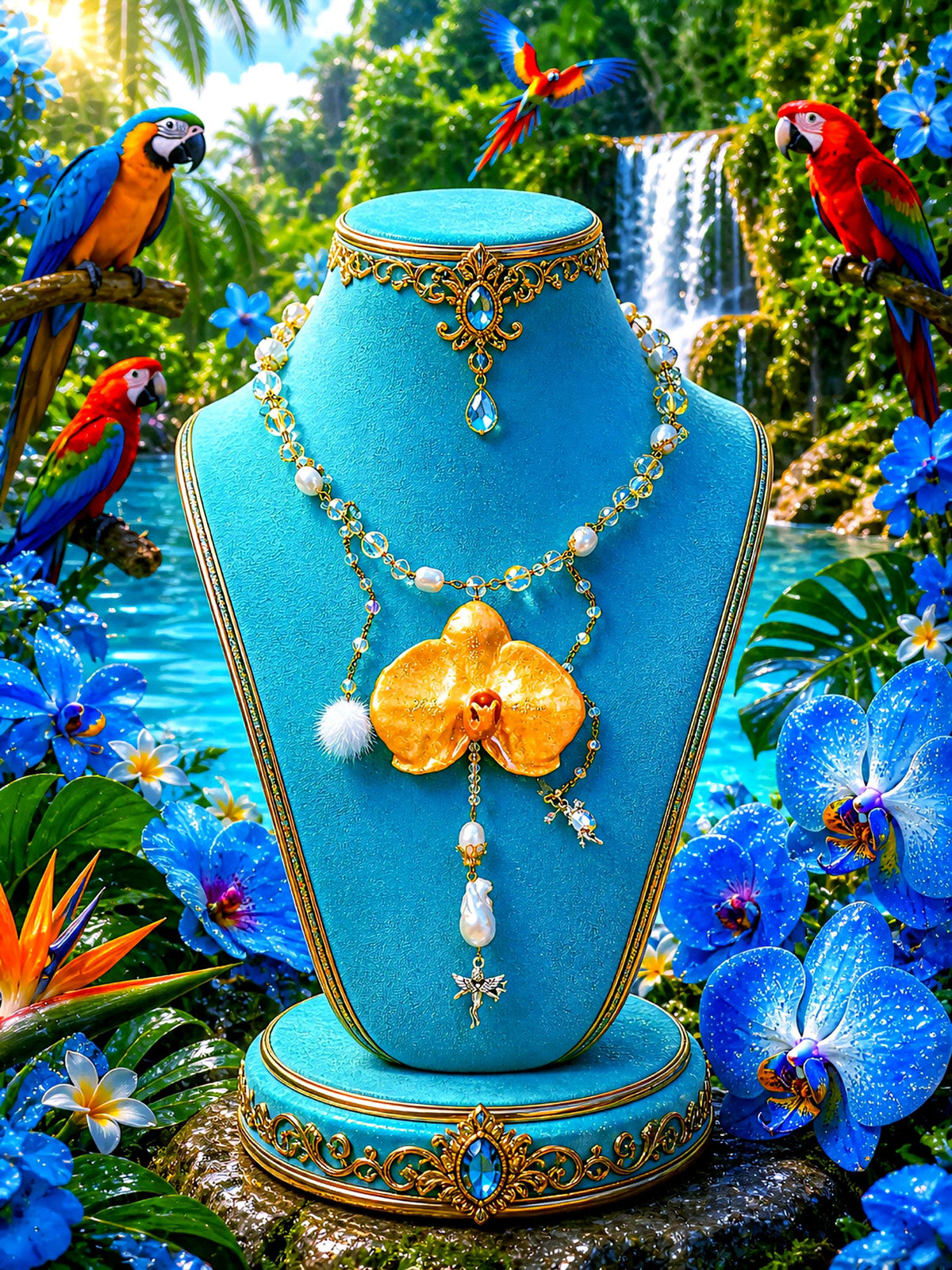 Collier Orchidée des anges , fleur exotique résinée Or – chaîne en perles d’eau douce, cristal & hématite, bijou  artisanal