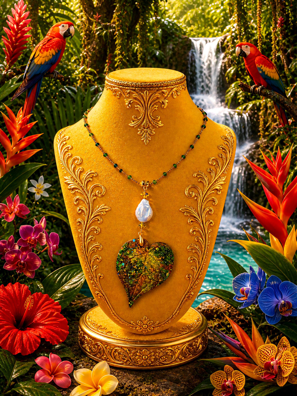 Collier Feuille Tropicale Féerique – Résine Artisanale, Cristal & Perles d’Eau Douce, Bijou Jungle Chic