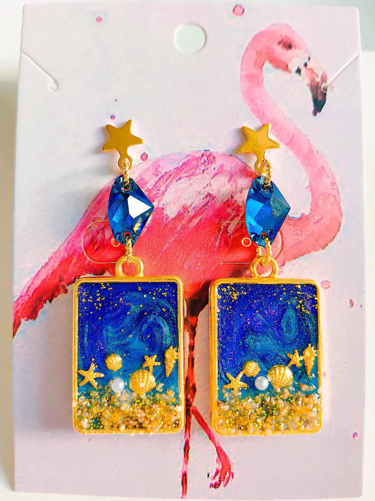 Boucles d’oreilles " Tahiti " océan bleu en résine, étoiles de mer et coquillages, bijoux collection lagon , fait main