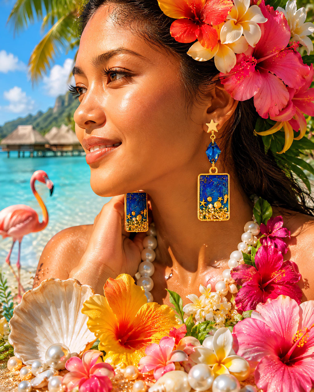 Boucles d’oreilles " Tahiti " océan bleu en résine, étoiles de mer et coquillages, bijoux collection lagon , fait main