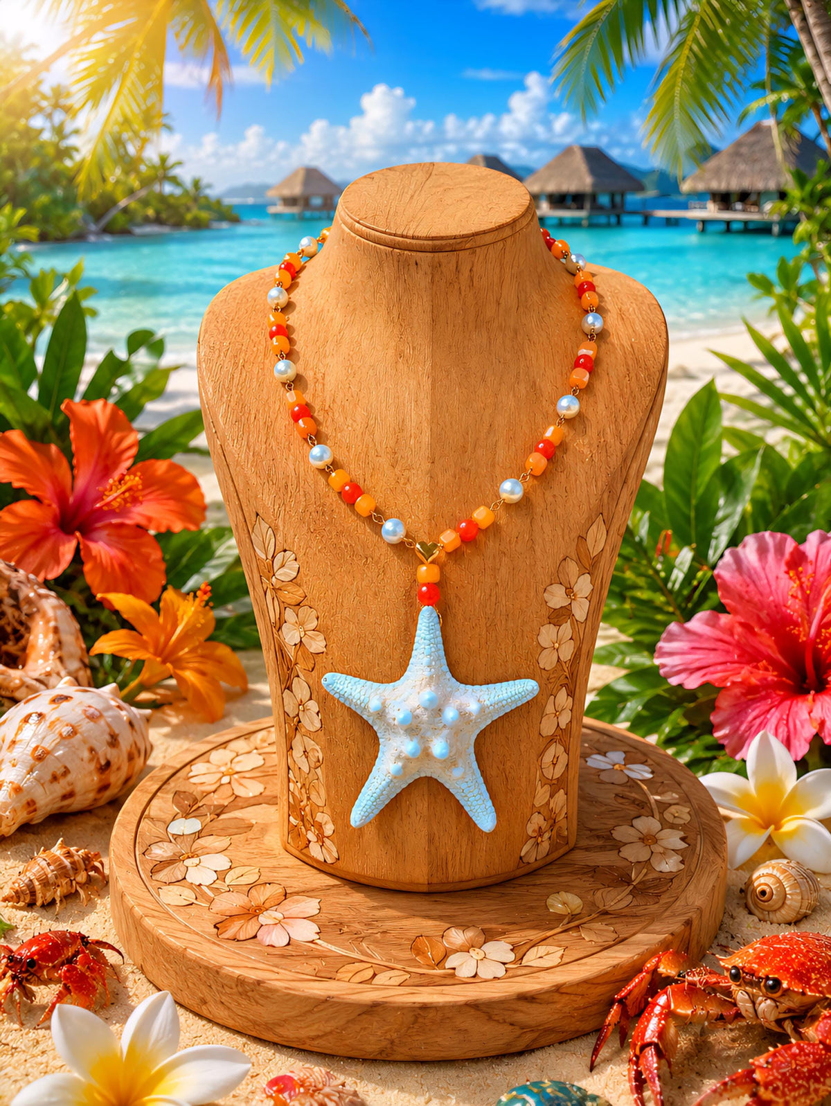 Collier Étoile de Mer des caraïbes en Perles d'Eau Douce, Jaspe et cire d’abeille | Bijou Océan Tropical | Inspiré des lagons paradisiaques