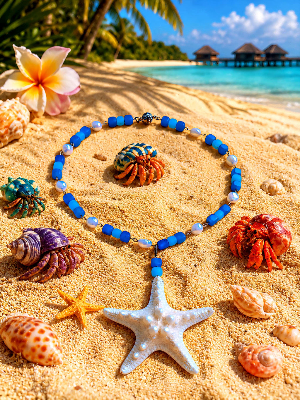 Collier Étoile de Mer des caraïbes en Perles d'Eau Douce, Amazonite et Apatite | Bijou Océan Tropical |  Inspiré des lagons paradisiaques