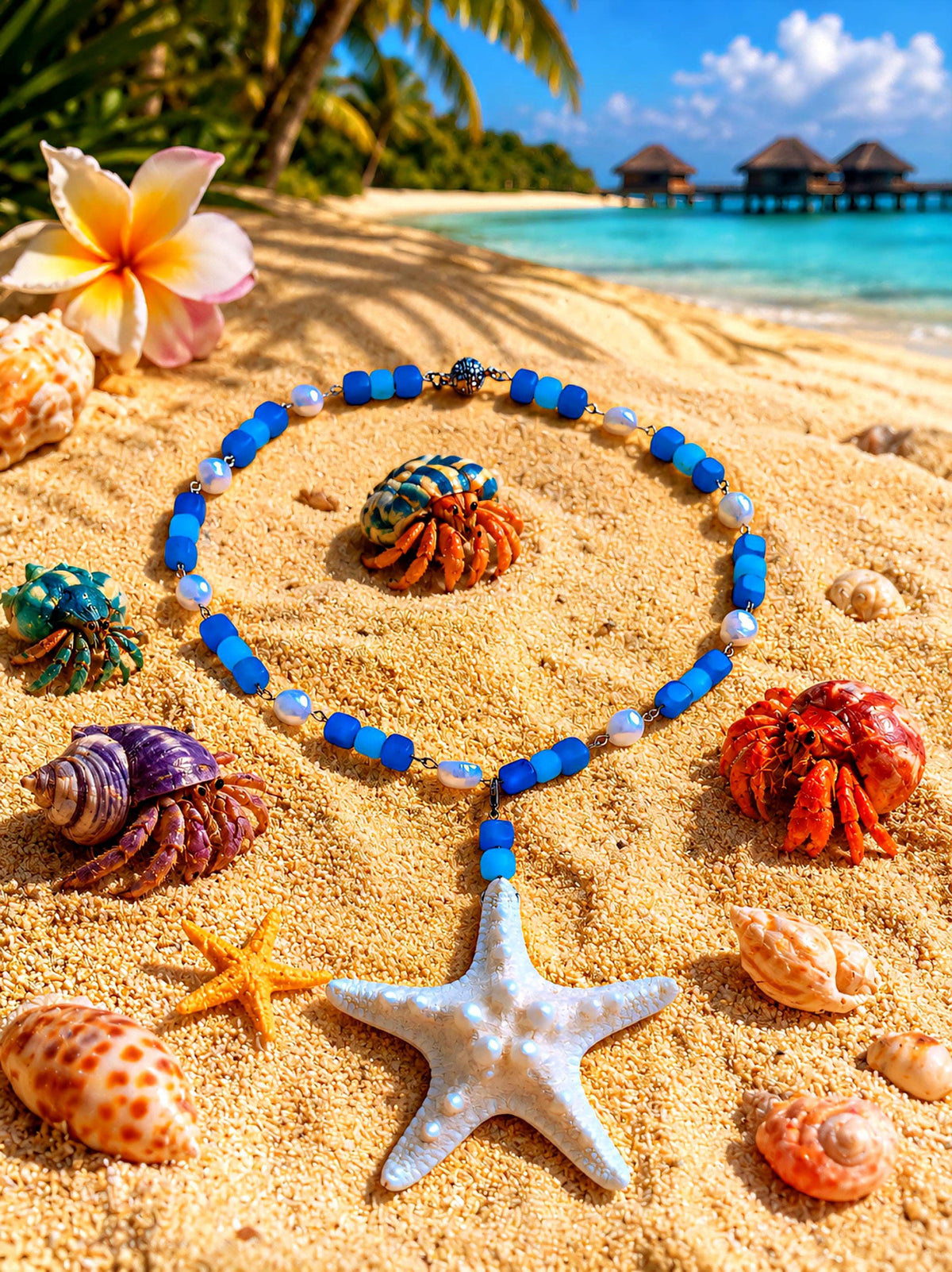 Collier Étoile de Mer des caraïbes en Perles d'Eau Douce, Amazonite et Apatite | Bijou Océan Tropical |  Inspiré des lagons paradisiaques