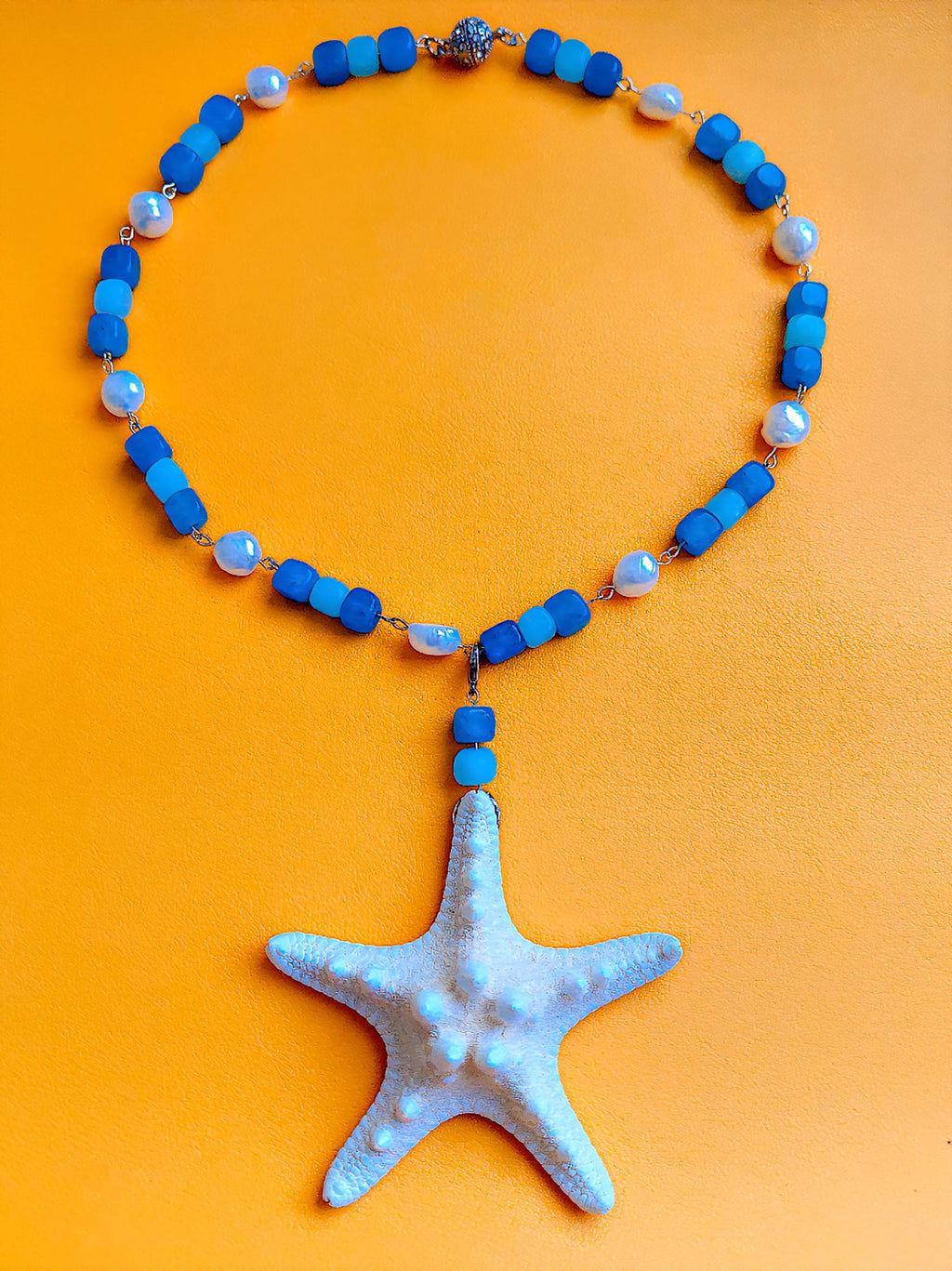 Collier Étoile de Mer des caraïbes en Perles d'Eau Douce, Amazonite et Apatite | Bijou Océan Tropical |  Inspiré des lagons paradisiaques