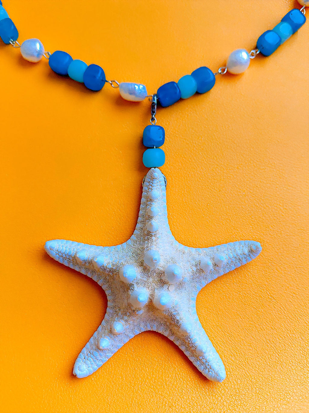 Collier Étoile de Mer des caraïbes en Perles d'Eau Douce, Amazonite et Apatite | Bijou Océan Tropical |  Inspiré des lagons paradisiaques
