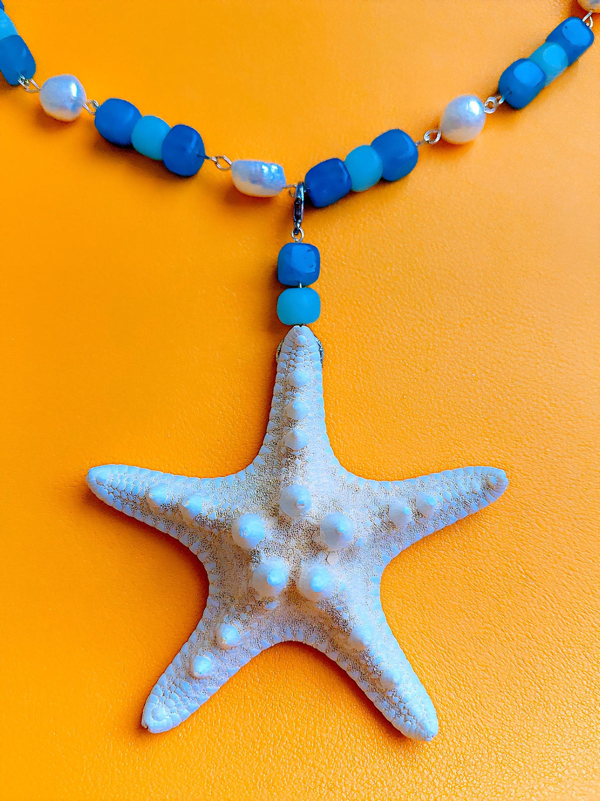 Collier Étoile de Mer des caraïbes en Perles d'Eau Douce, Amazonite et Apatite | Bijou Océan Tropical |  Inspiré des lagons paradisiaques