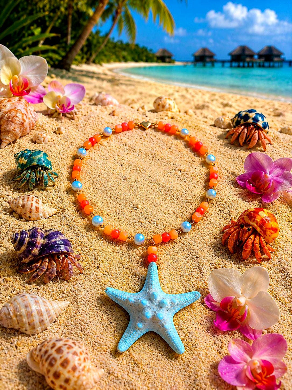 Collier Étoile de Mer des caraïbes en Perles d'Eau Douce, Jaspe et cire d’abeille | Bijou Océan Tropical | Inspiré des lagons paradisiaques