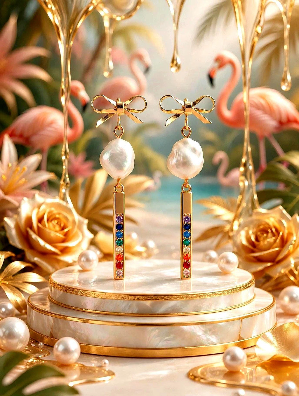Boucles d'oreilles " HAWAÏ " en perles d'eau douce et zirconium multicolore , bijoux soleil de Hawaï , élégantes & chic, création artisanale