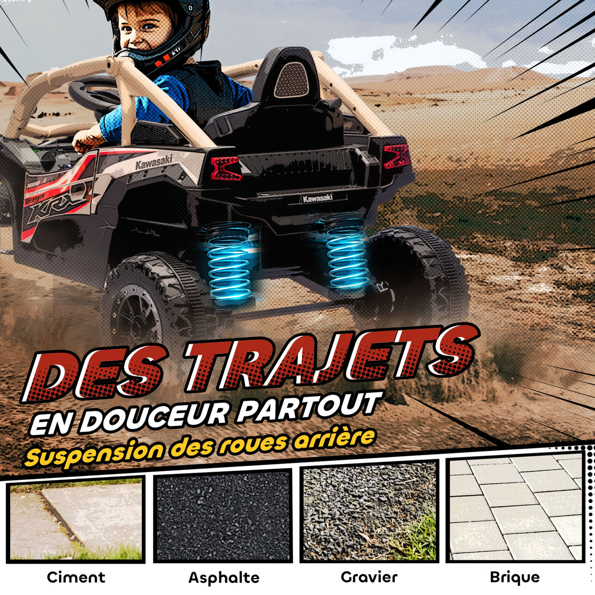 Voiture électrique enfant UTV KAWASAKI TERYX KRX 1000 12 V à 2 moteurs 25 W télécommande 2,4 Ghz 100 x 64 x 56 cm jaune-6