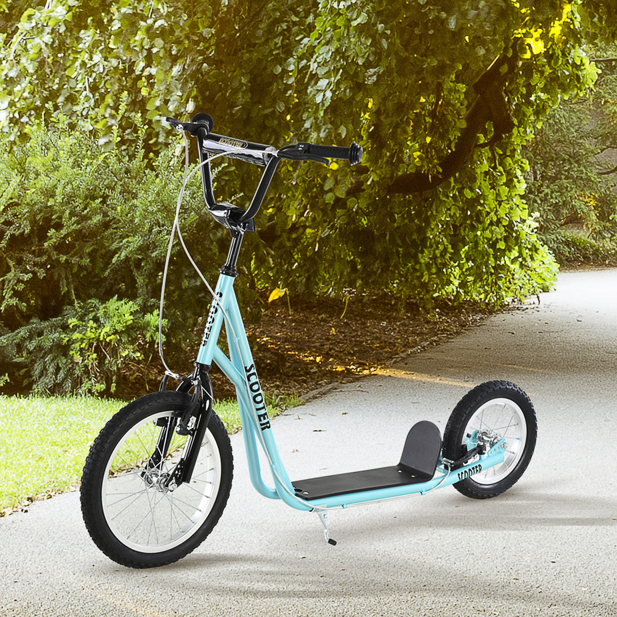 Trottinette patinette Grandes Roues pneumatiques Ø 40 et 30 cm Hauteur Guidon réglable Frein AV/AR béquille Acier Bleu Ciel Noir-9