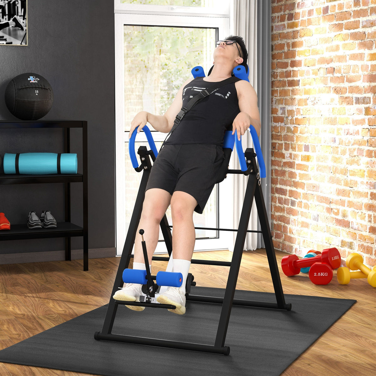 Table d'inversion de musculation pliable ceinture de sécurité réglable angle ajustable 3 niveaux 79x114x153cm bleu noir-1