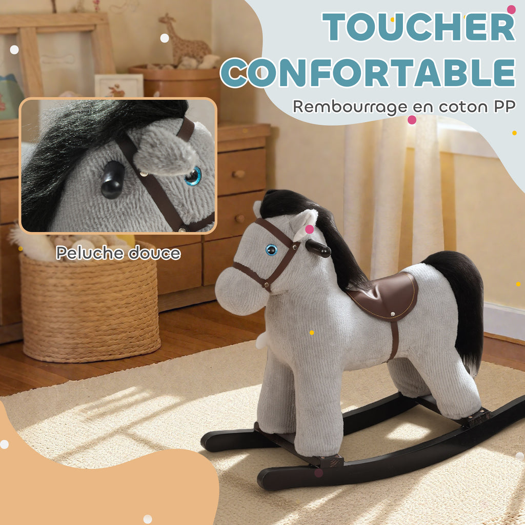 Cheval à bascule pour enfants, jouet à bascule bébé en peluche avec eouetffet sonore et poupée, 65 x 26 x 55 cm, gris-5
