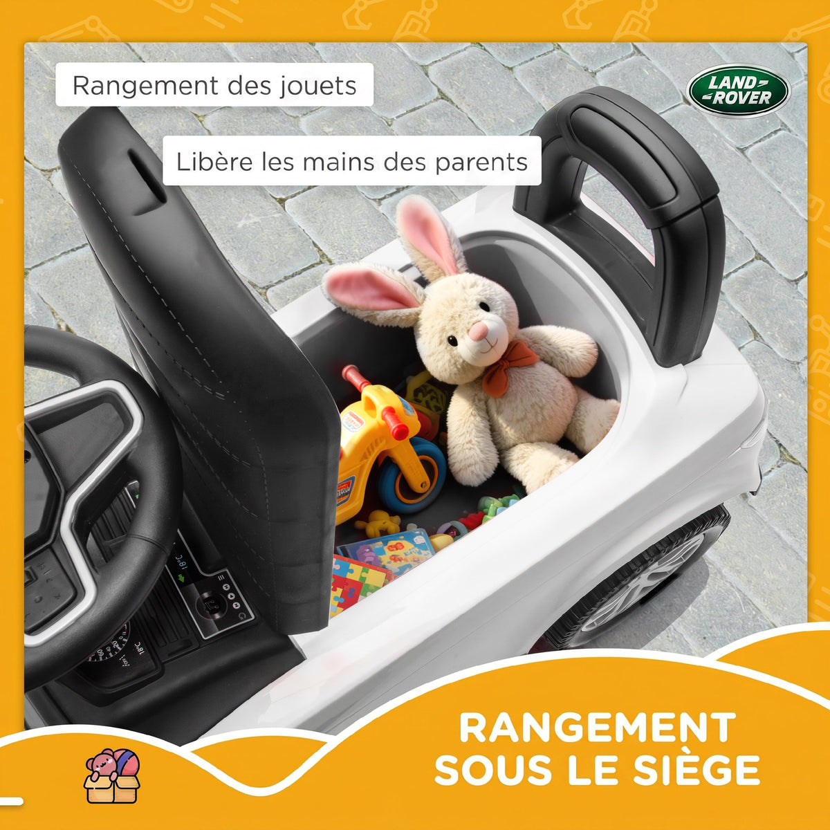 Porteur enfants voiture sous licence Land Rover, véhicule à pousser, klaxon, sons de moteur, rangement sous siège, blanc-6