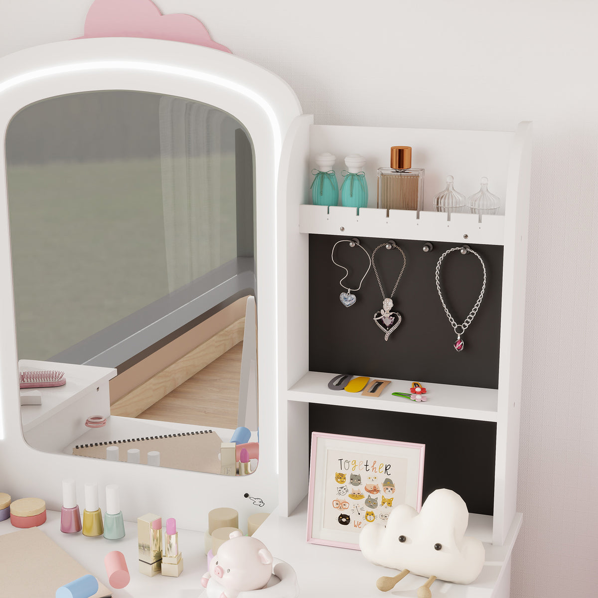 Coiffeuse pour enfants avec tabouret et miroir LED, table de maquillage pour 3 à 8 ans, 104 x 40 x 112 cm, blanc-8