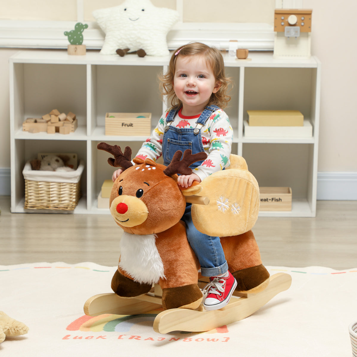 Cheval à bascule pour enfants, renne jouet à bascule bébé avec berceuses, ceinture de sécurité, 65 x 32 x 55 cm, marron-1