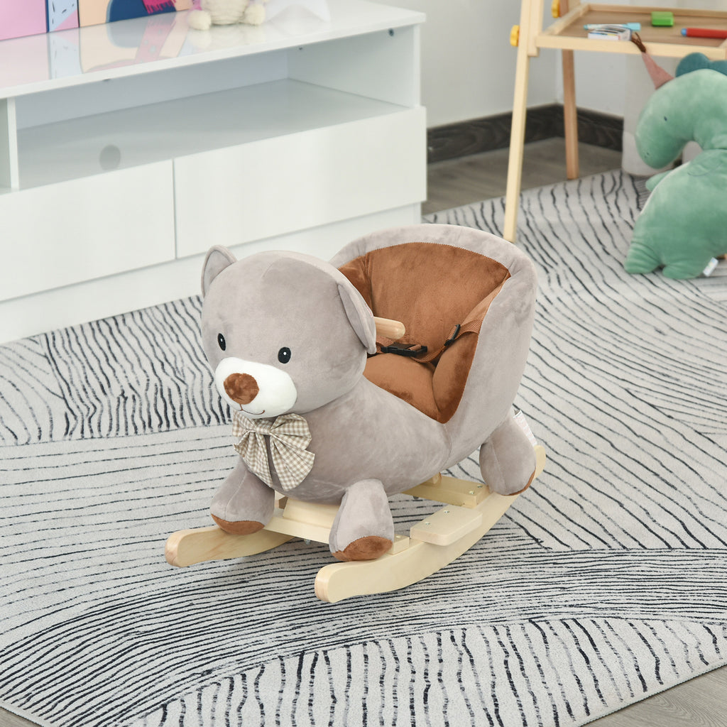 Cheval à Bascule Jouet à Bascule Ourson pour Enfants de 18-36 Mois Fauteuil intégré Ceinture de sécurité Fonction sonore grognement Gris Marron-9
