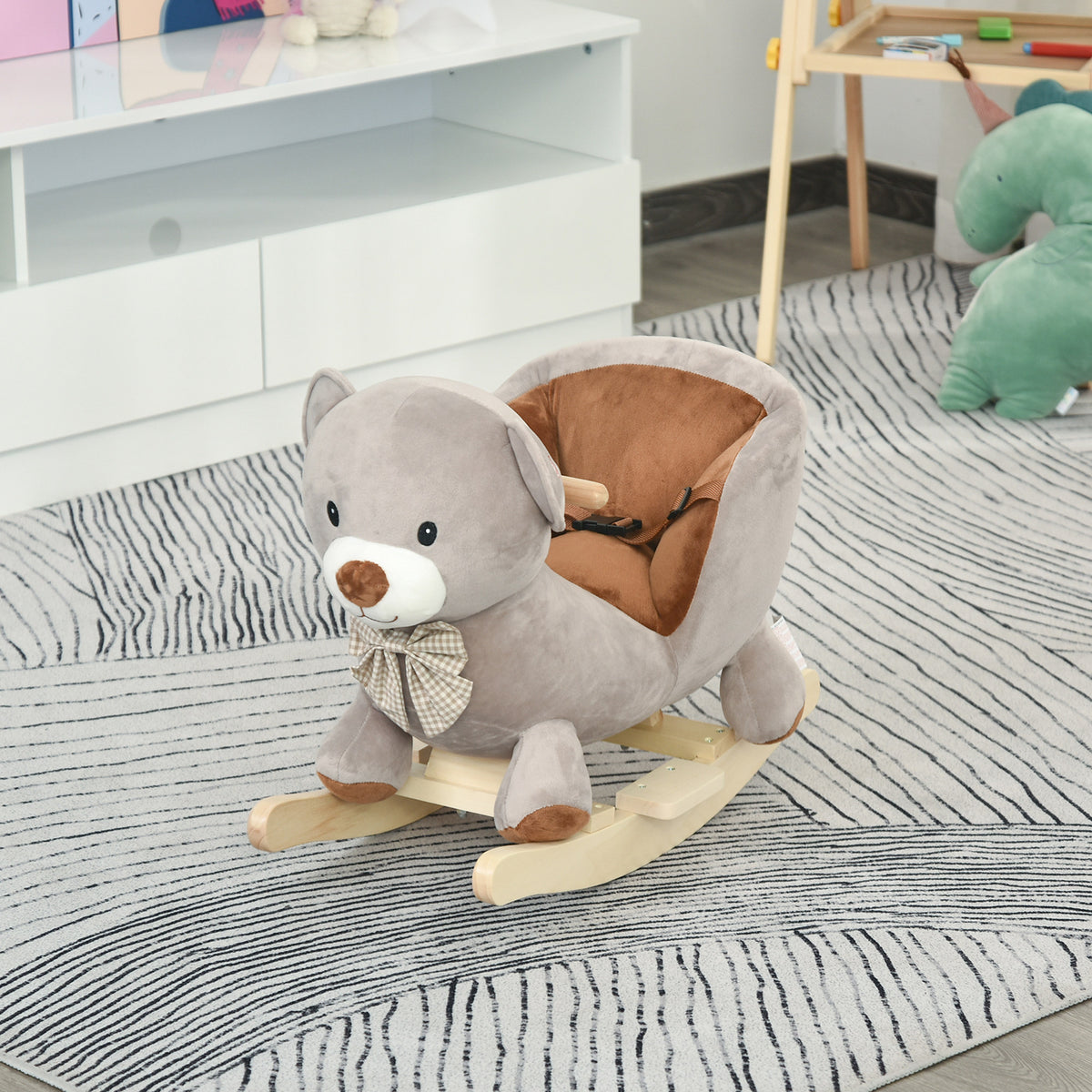 Cheval à Bascule Jouet à Bascule Ourson pour Enfants de 18-36 Mois Fauteuil intégré Ceinture de sécurité Fonction sonore grognement Gris Marron-9