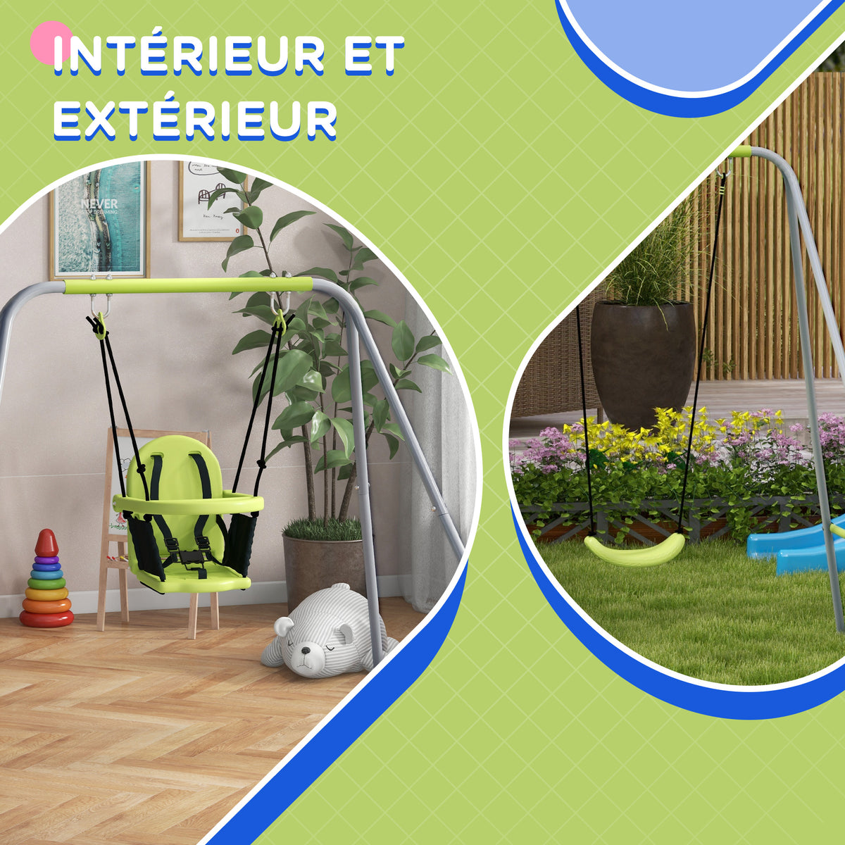 Balançoire portique balançoire 2 en 1 pour bébé ceinture de sécurité à 5 points intérieure extérieure vert-5