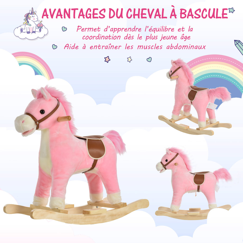Cheval à Bascule Selle Grand Confort Peluche Courte Douce Bois peuplier Rose dim. 65L x 32,5l x 61H cm-5