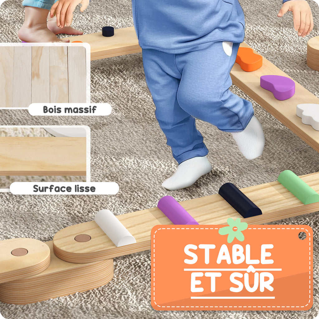Poutre d'équilibre en bois pour enfants 3-8 ans avec pierres d'obstacle colorées, intérieur et extérieur-5