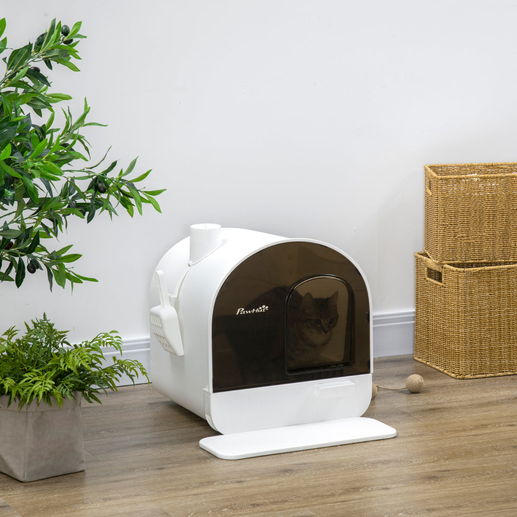 Maison de toilette pour chat avec tiroir amovible, bac à litière fermé avec tapis anti-trace, pelle, filtre anti-odeur et porte battante, nettoyage facile, 43 x 44 x 47 cm, blanc-1