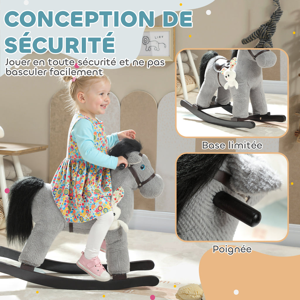 Cheval à bascule pour enfants, jouet à bascule bébé en peluche avec eouetffet sonore et poupée, 65 x 26 x 55 cm, gris-4