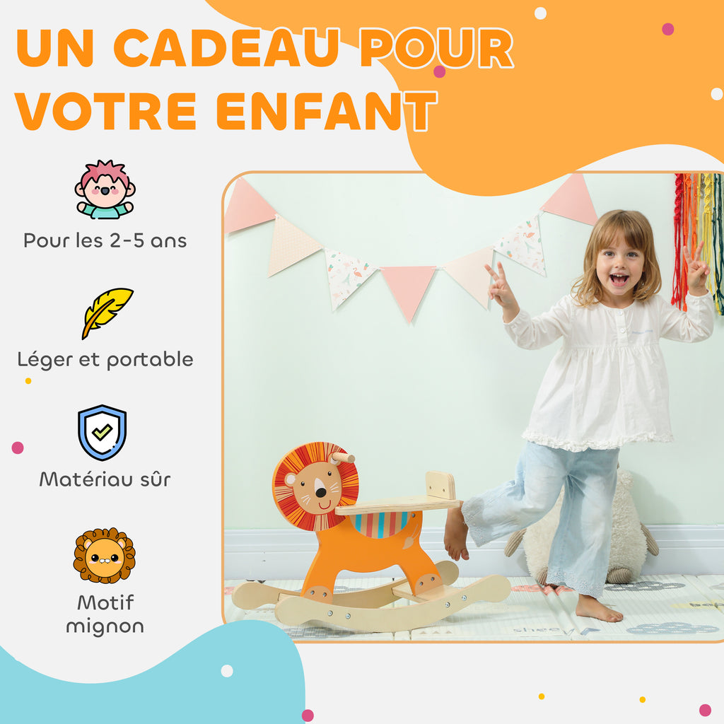 Cheval à bascule pour enfants, lion jouet à bascule bébé en bois avec guidon et base stable, 59 x 27 x 43 cm, orange-5