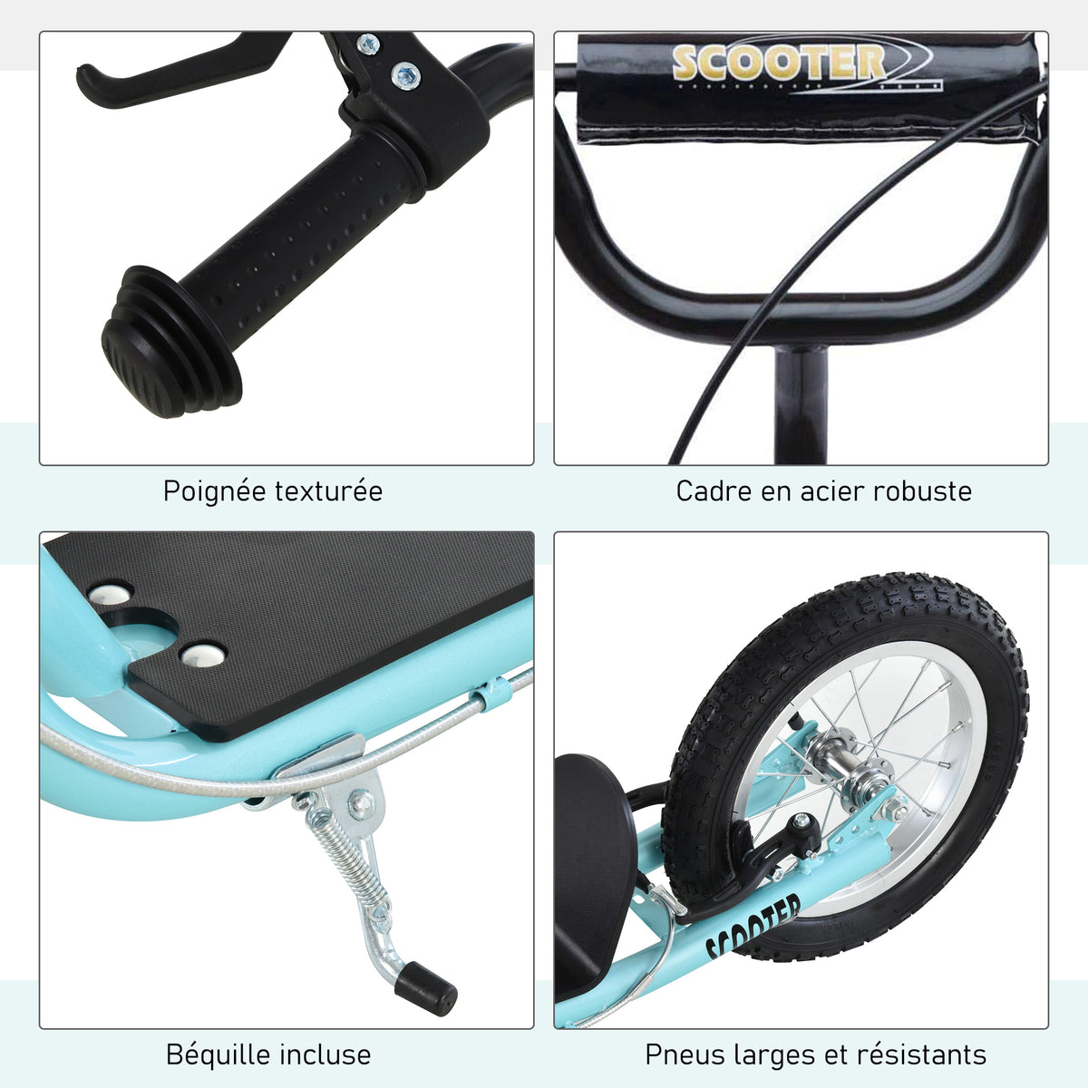 Trottinette patinette Grandes Roues pneumatiques Ø 40 et 30 cm Hauteur Guidon réglable Frein AV/AR béquille Acier Bleu Ciel Noir-6