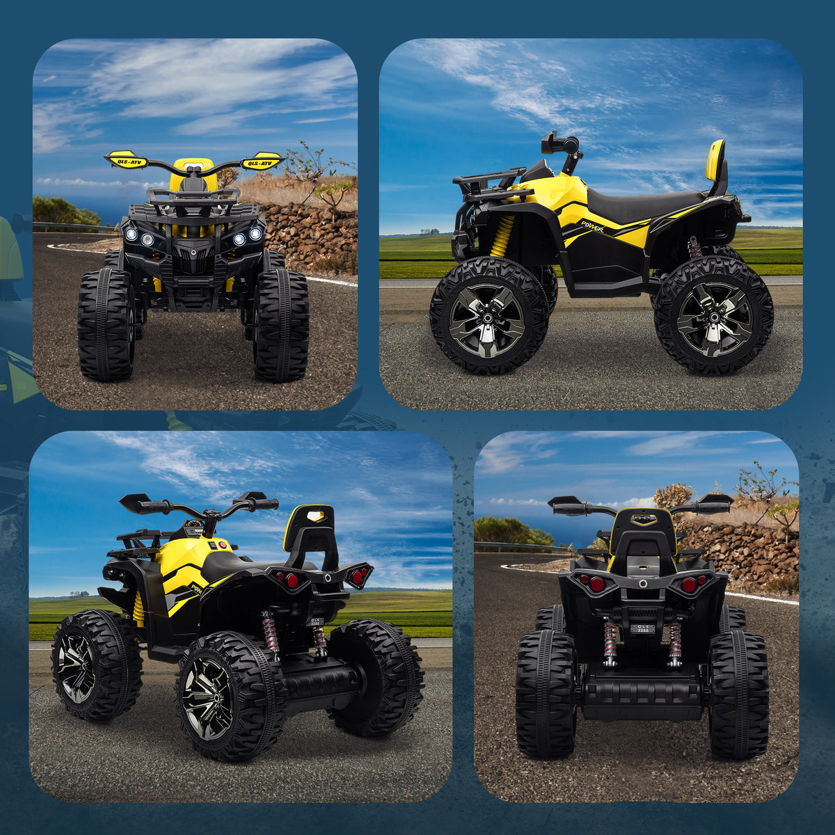 Quad Buggy électrique Enfant 12 V 8 Km/h Max. Voiture électrique Enfant avec Effets Lumineux sonores Selle avec Dossier Porte-Bagage Avant métal PP Jaune Noir-8