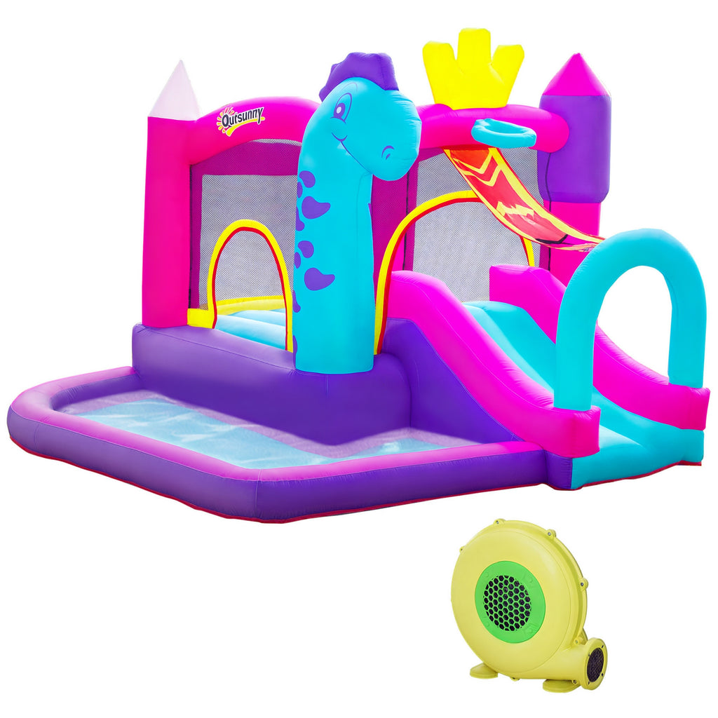 Château Gonflable avec Toboggan, Trampoline, Aire de Jeux Piscine et Panier Jusqu'à 3 Enfants +3 Ans gonfleur et Sac de Transport Souffleur 350W inclus dim. 300L x 270l x 200H cm Multicolore-0