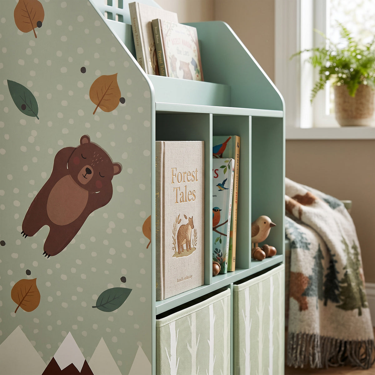 Meuble rangement enfant, bibliothèque enfants avec étagères ouvertes et 2 tiroirs en tissu, MDF, vert-9