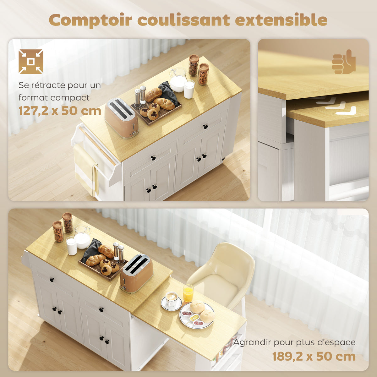 îlot central cuisine avec plateau extensible, desserte de cuisine sur roulettes avec 2 tiroirs, 4 portes, blanc-3