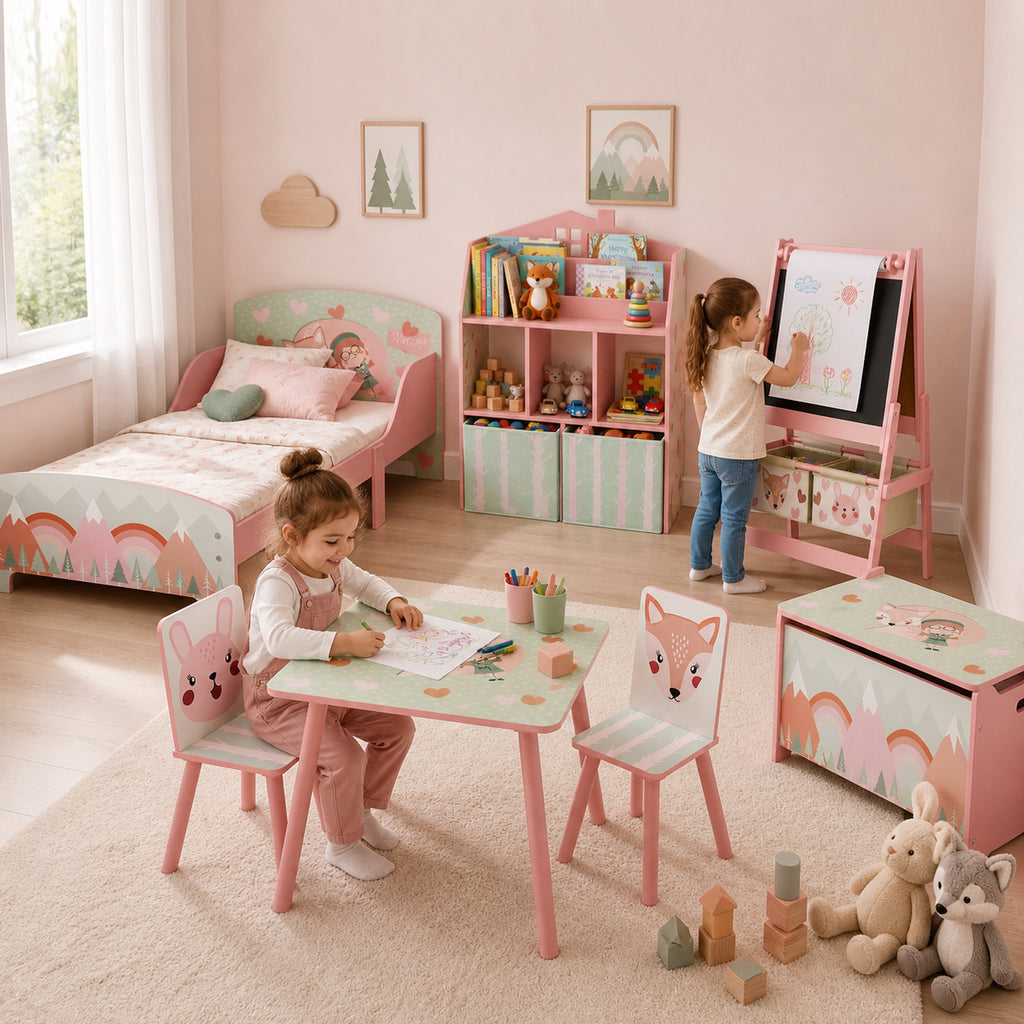 Meuble rangement enfant, bibliothèque enfants avec étagères ouvertes et 2 tiroirs en tissu, MDF, rose-8