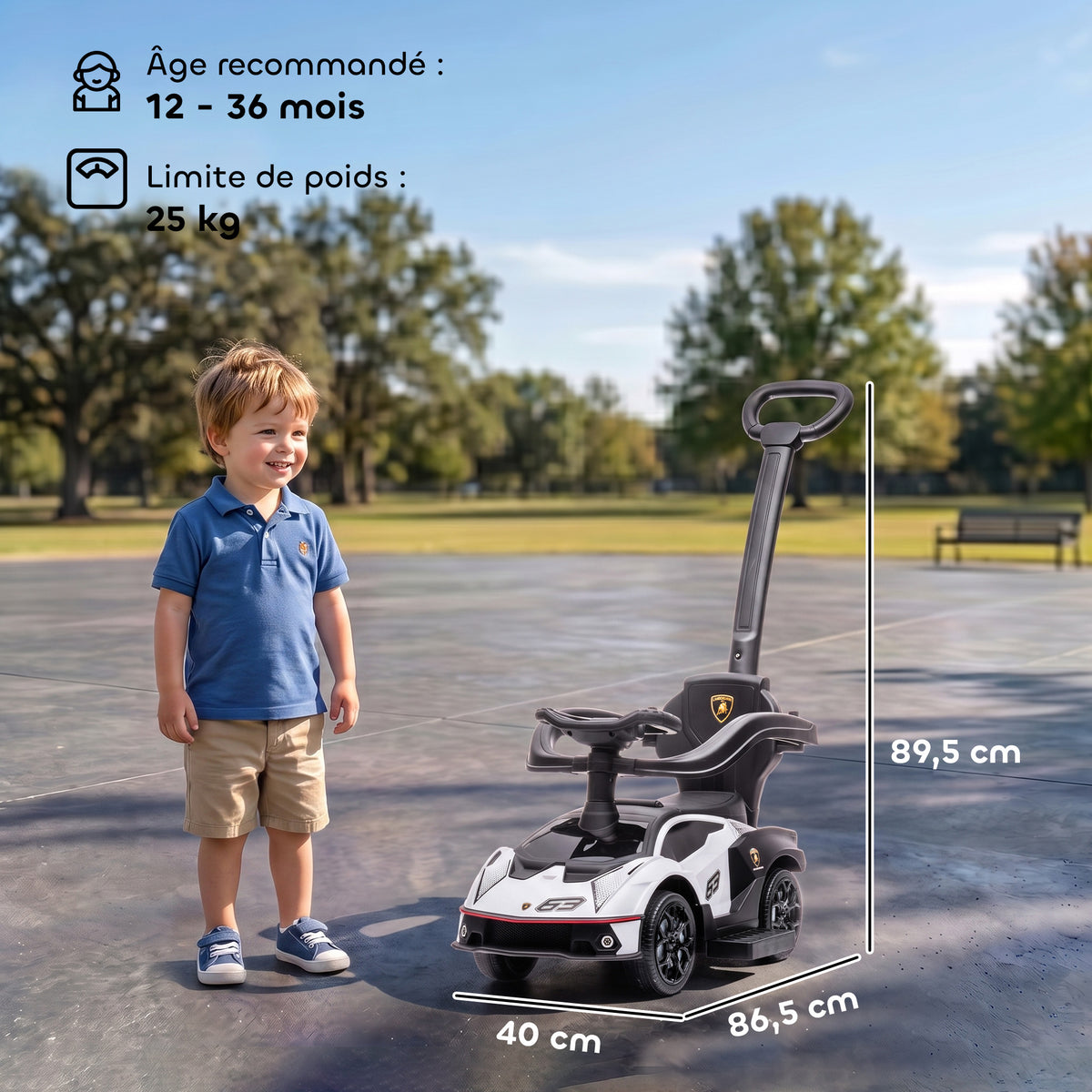 Voiture à pousser pour enfants porteur enfants 1 à 3 ans multi-équipée avec poignée de poussée, klaxon et volant, Blanc-2