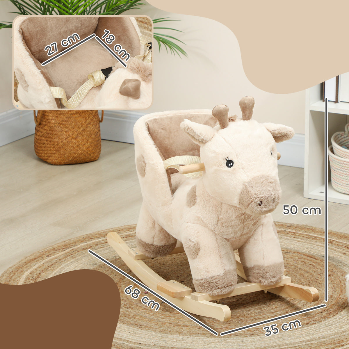 Cheval à bascule pour enfants girafe jouet à bascule bébé avec effet sonore, ceinture de sécurité, 68x35x50cm, beige-2